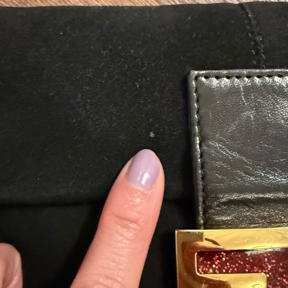 Fendi Black Suede Shoulder Bag with Gold & Red Logo Plaque - Picture 2 of 10